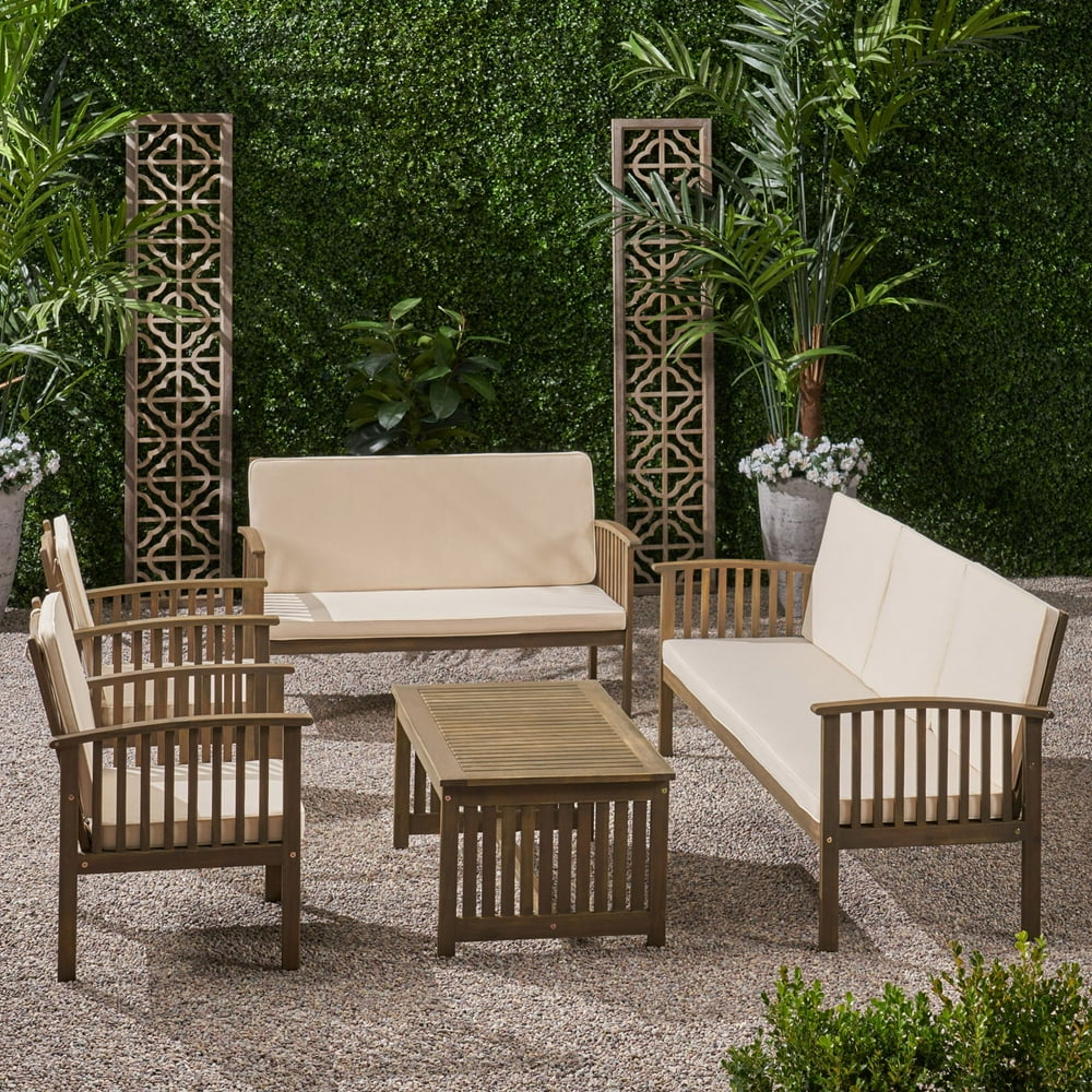 5-Piece Gray Outdoor Furniture Patio Chat Set - Ivory Cushions