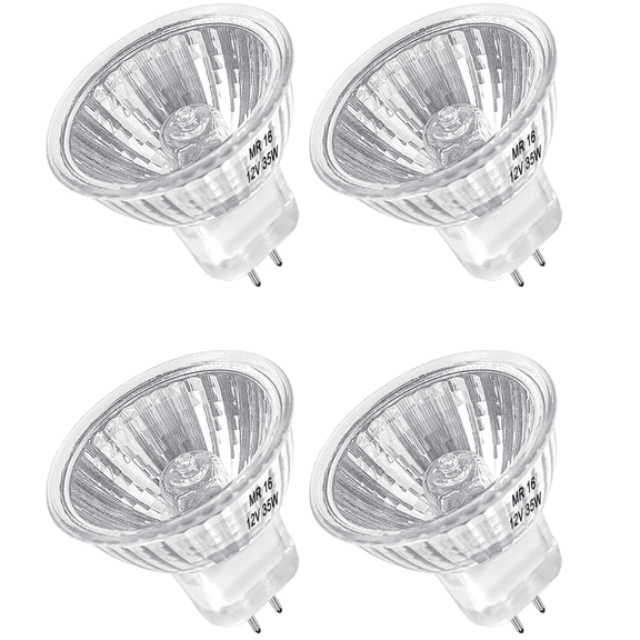 4 Pack MR16 Halogen Light Bulbs, 12V 35W Dimmable 2700K Warm White, GU5.3 Bi-Pin Base Clear Glass Long Lifespan Replacement Spot Lights for Indoor & Outdoor Landscape, Track Lighting