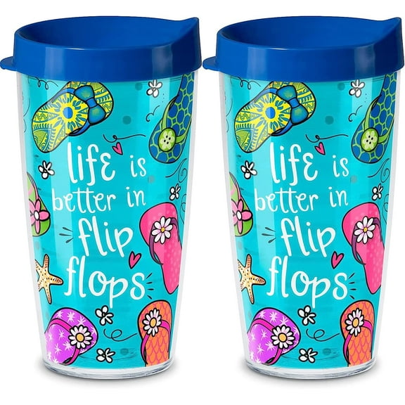 First Dawn Double Wall Insulated Unbreakable Plastic Travel Tumbler with Lid Holds 16 Fluid Ounces BPA Free Microwave Safe Dishwasher Safe Set of 2 Flip Flop Design