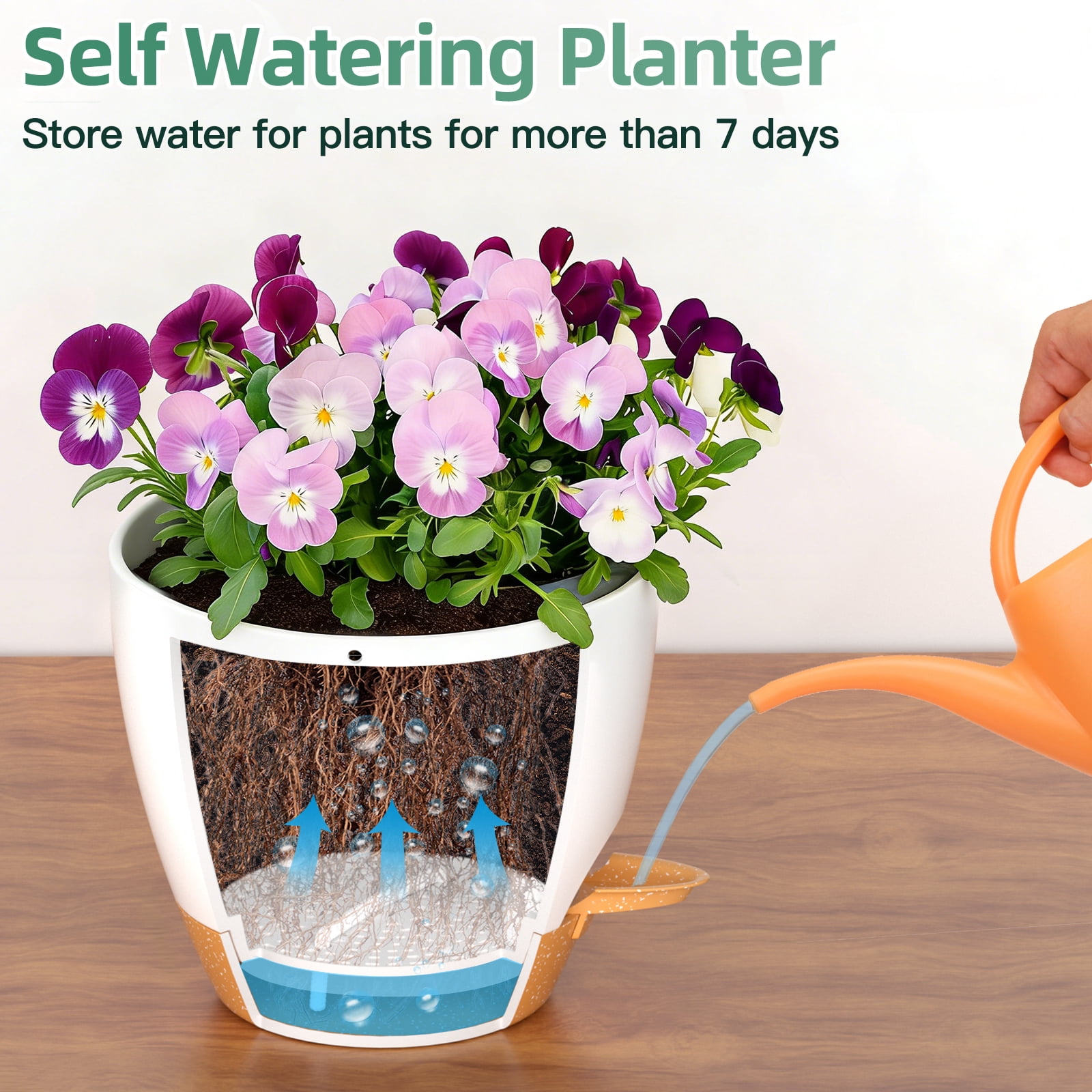 FIASON 2 Pack 10 Inch White Self-Watering Hanging Planters, Indoor Outdoor Flower Pots with Visual Reservoir, Drainage Holes & 2 Types of Plant Hangers for Garden Home Decor