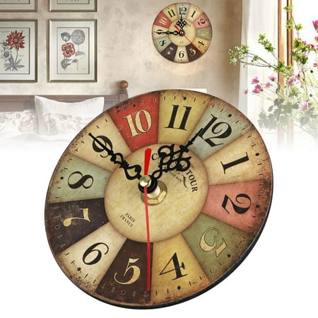 Unique Colorful Wall Clocks 12cm Retro Wooden Wall Clock Home Decor, Silent Non Ticking Wall Clocks Large Arabic Numerals- Quartz Battery Operated(Not Included) - Antique Vintage Colorful Style ()