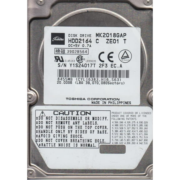 MK2018GAP, B0/M1.42A, HDD2164 C ZE01 T, Toshiba 20GB IDE 2.5 Hard Drive