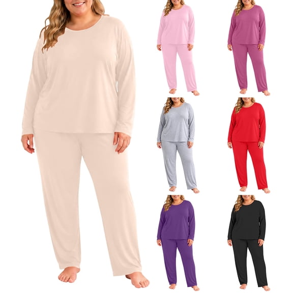 Hzzrkos Women Casual Solid Color Long Sleeve 2 Piece Loungewear Set, Crew Neck Top and Jogger Pants Pajama Set, Sizes M-XXXXXL