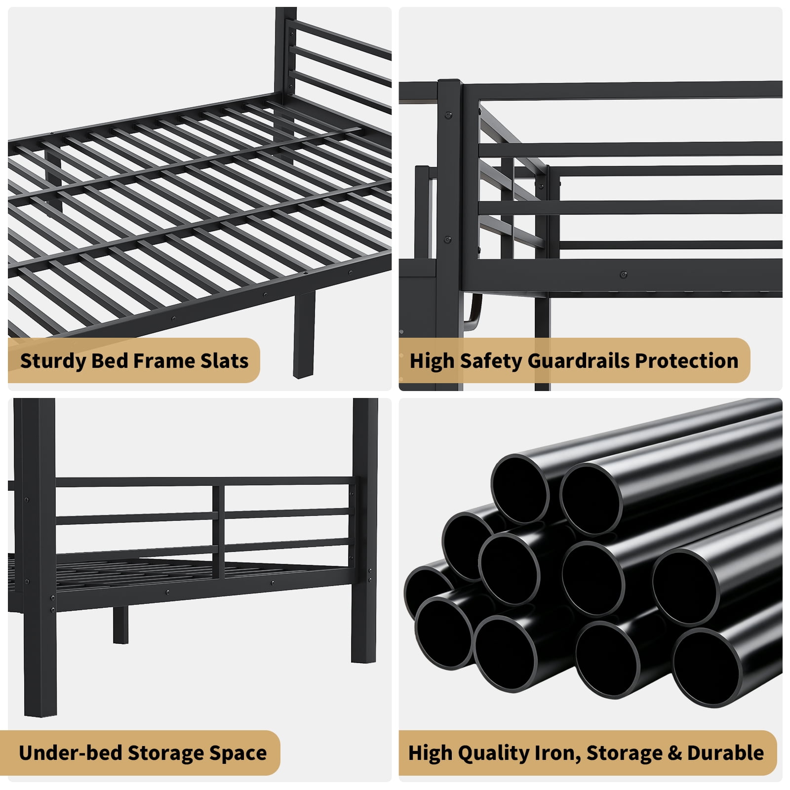 Mintazer Queen Over Queen Metal Bunk Bed with Pegboard and 2 Storage Drawers & 2 Wardrobe Shelves, Heavy Duty Platform Bed with Safety Guard Rails for Bedroom Dorm, Black