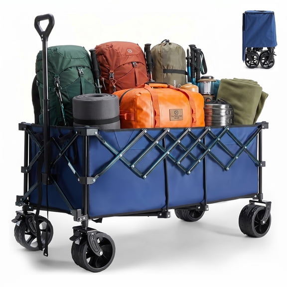 Blazezo Collapsible Wagon Cart, 440lbs Heavy Duty Foldable Utility Wagon, 48in Extended Cargo Platform, All-Terrain Wheels, Portable for Family Camping, Beach, Garden, Grocery