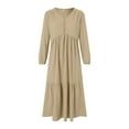 thumbnail image 6 of vigerkar Women's Linen Maxi Dress Long Sleeve Casual V-Neck Tiered Ruffle Dress Boho Beach Pleated Long Dress Beige, XL, 6 of 9