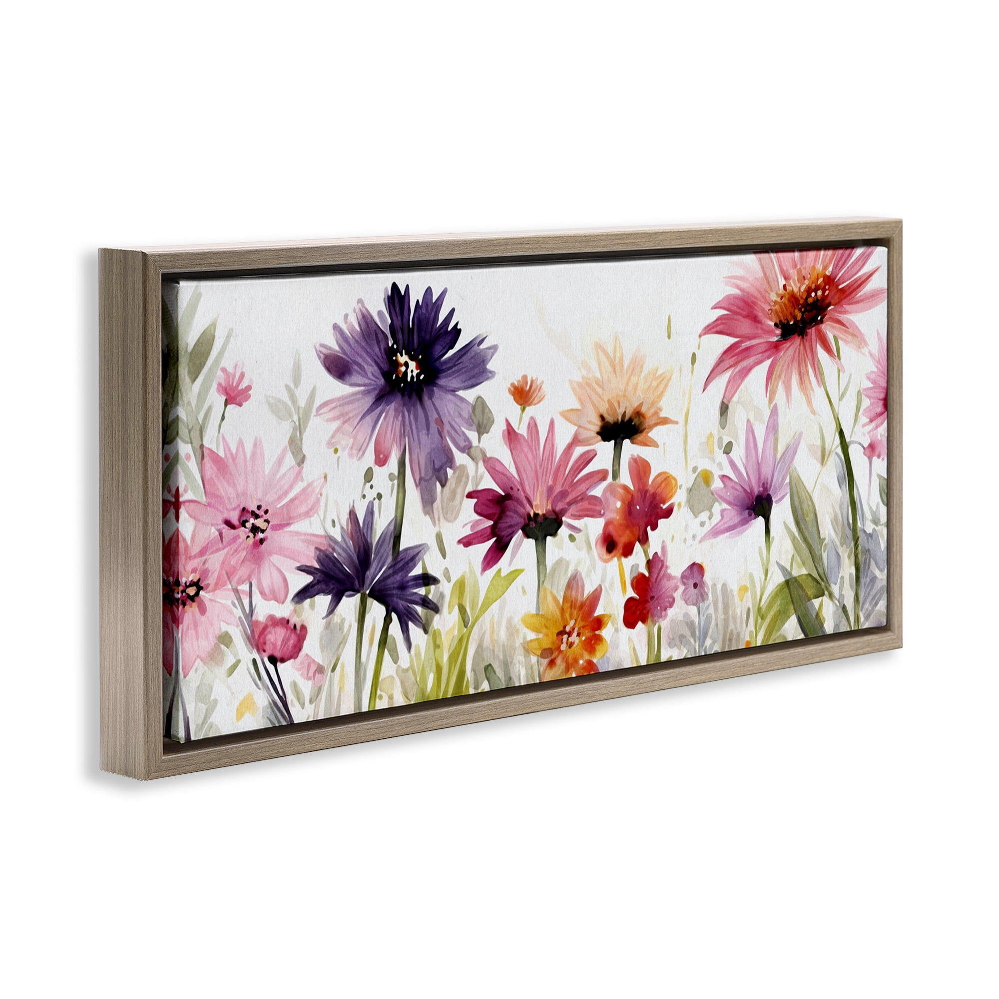 Stupell Industries Pink & Purple Blossoms Botanical & Floral Painting Brown Floater Framed Canvas Art Print Wall Art, 25 x 11