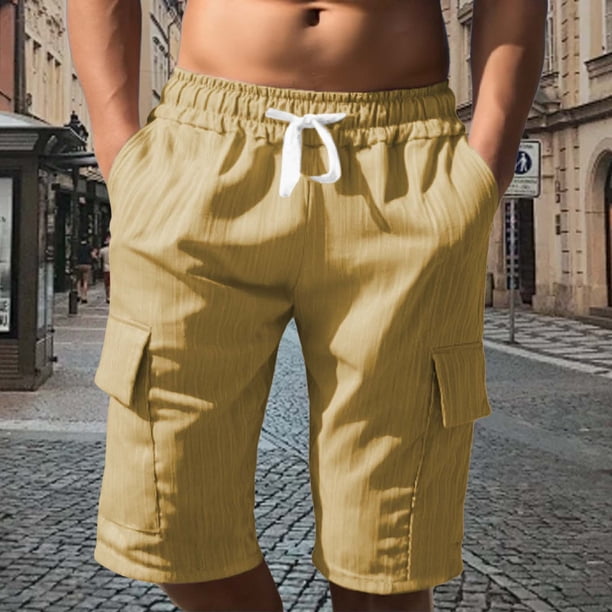 WILLBEST Pantalones Cortos de Lino de Verano para Hombre, con Bolsillos Grandes, para Playa, Deportivos, de Rayas Lisas, Ligeros y Elásticos, para Verano, Holgados y Casuales.