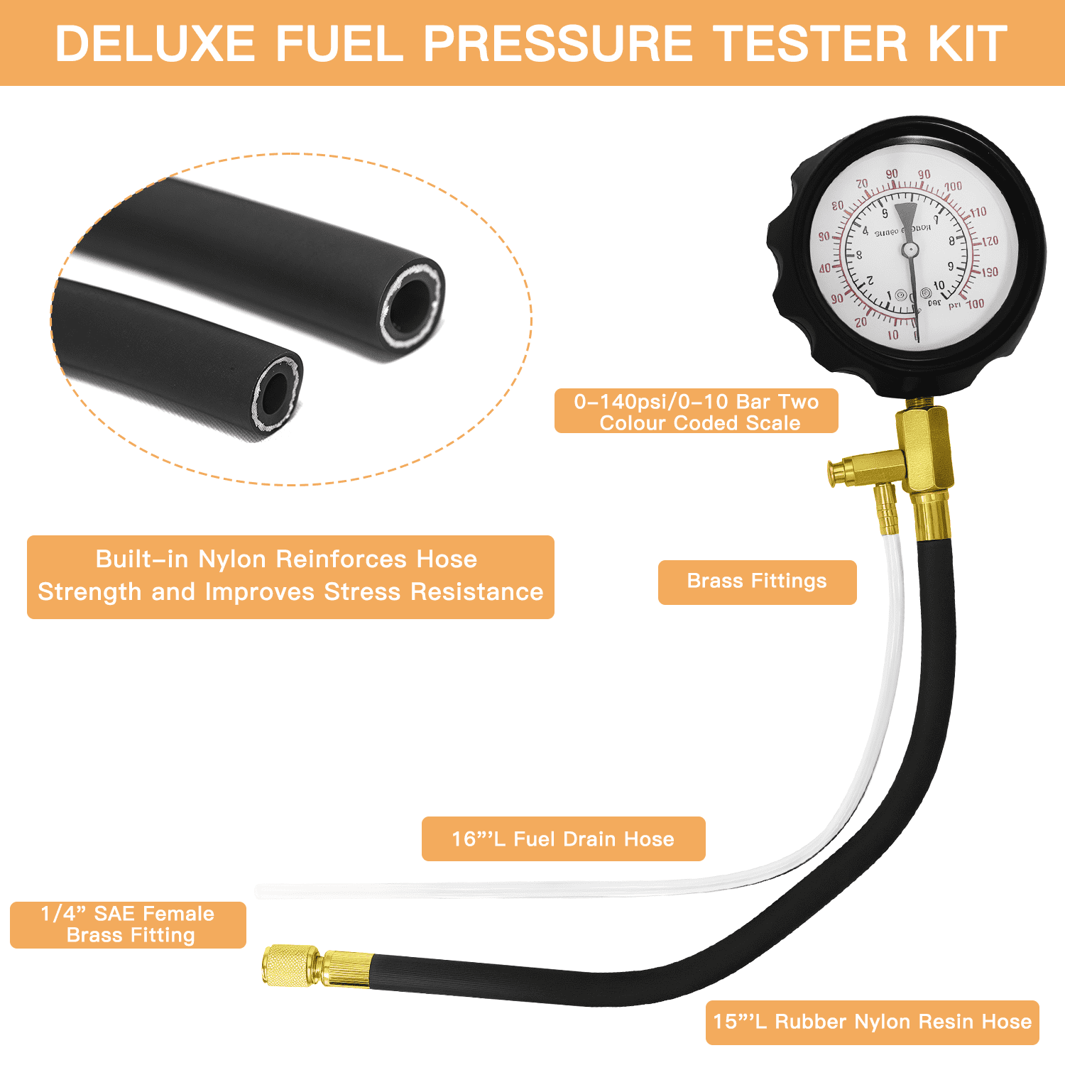 Enroslu 19 PCS Fuel Pressure Gauge Tester Kit, 0-140PSI Oil Pressure Tester Kit, Gasoline Pressure Diagnostic Tools, Oil Pressure Gauge Kit for Cars