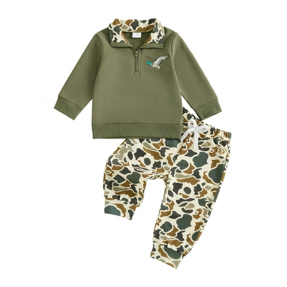 BemeyourBBs Toddler Baby Boy Hunting Duck Outfits Camo Spring Fall Winter Clothes Half Zip Long Sleeve Animal Print Pullover Sweatshirt Pants Set 2Pcs Clothing