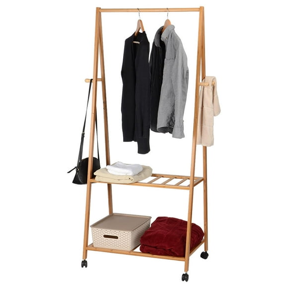 2-Tier Bamboo Clothing Rack Hall Tree Garment Rack with 4 Hooks Storage Shelves