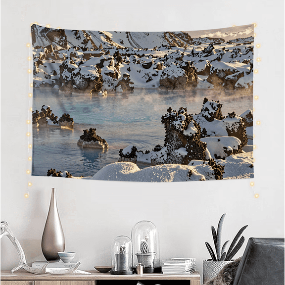 One design features a  Icelandic Hot Spring Snowscape Winter Landscape Print for Wall Decor  .On Polyester Fiber, Perfect for Home Decor in Living Rooms, Bedrooms, Dorms,And Offices
