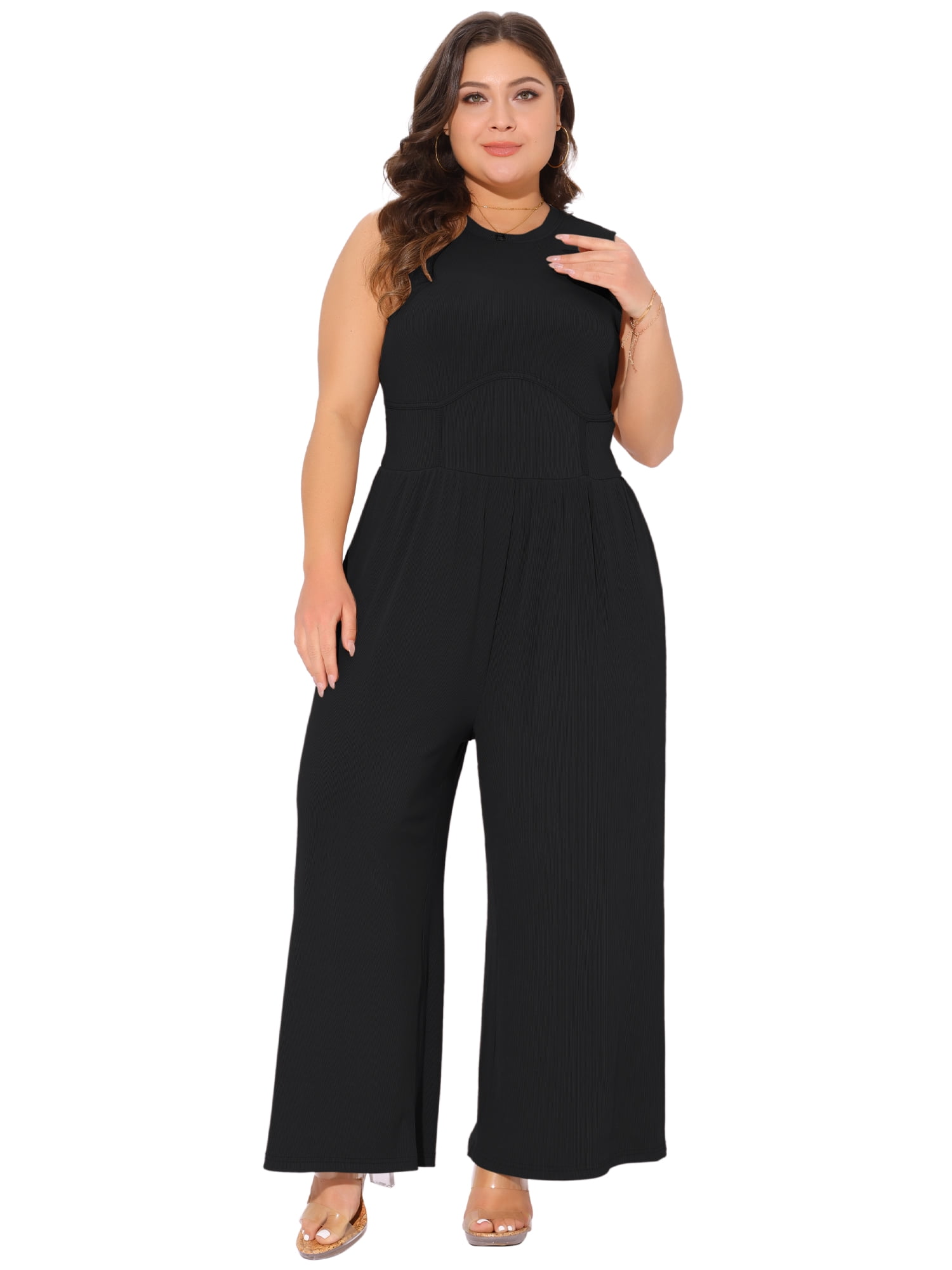 DARING DIVA Women's Plus Sleeveless Crew Neck Jumpsuit with Pockets 4X Black