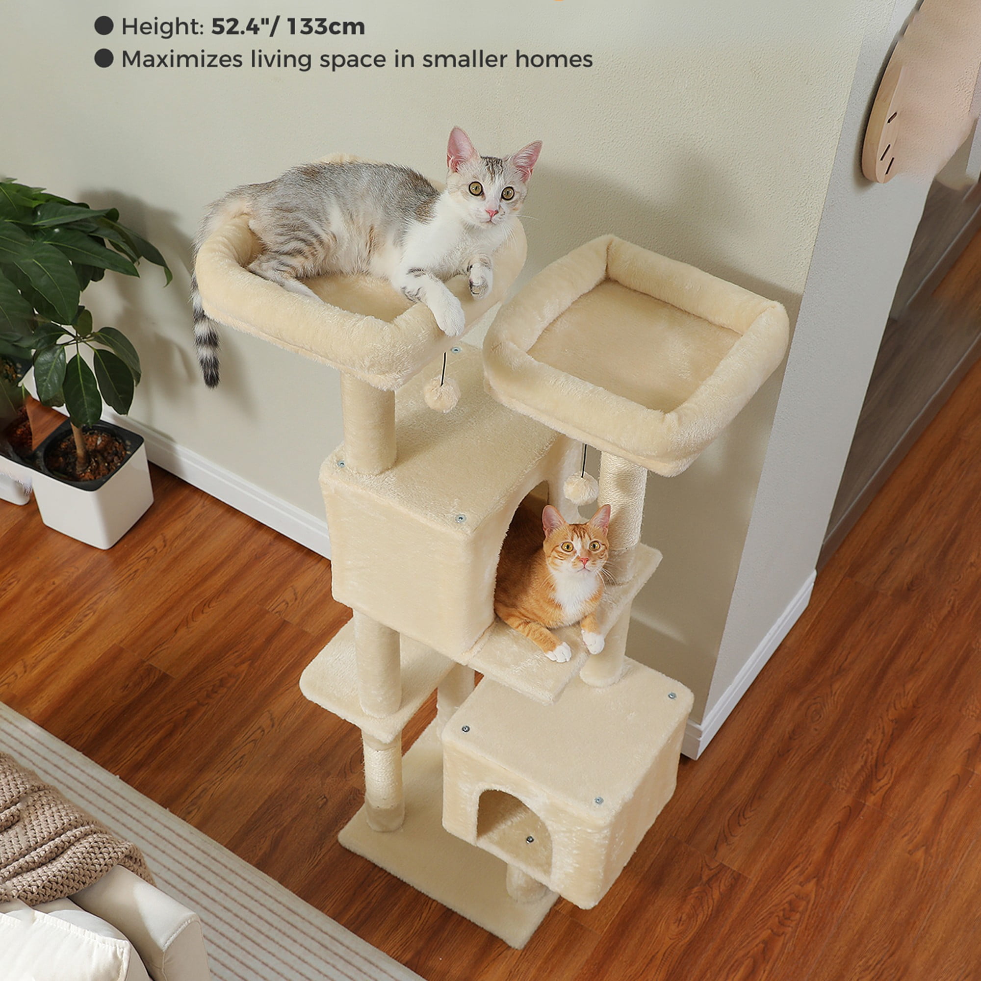 Kadyn 52" Multilevel Cat Tree Tower for Indoor Cats, Plush Cat Tree House with 2 Padded Perches, 2 Condos and 2 Scratching Posts, Beige