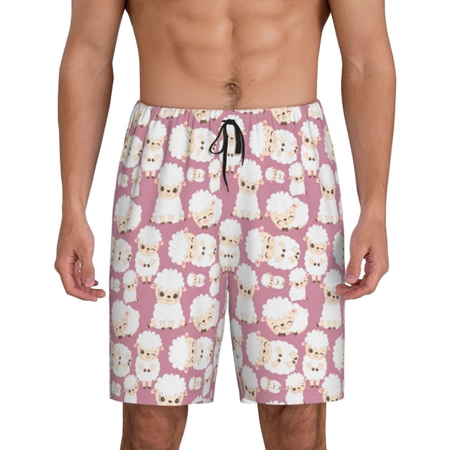Balery Cartoon Sheep Pantalones cortos de pijama de punto de algodón para hombre con cinturilla y bolsillos-Small