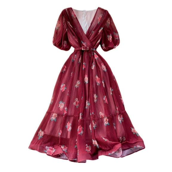 YM YOUMU Women Summer Floral Print V Neck Short Puff Sleeves Pleated Dress A Line Ruffle Hem Holiday Dress with Belt