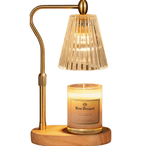 Candle Warmer Lamp Fluted Amber Glass with Wood Base