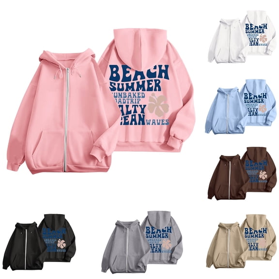 larppty Puff Print Lettering Oversized Full Zip Hoodie with Pocket - Y2K Preppy Pullover for Women Teens Girls（Grey，L）