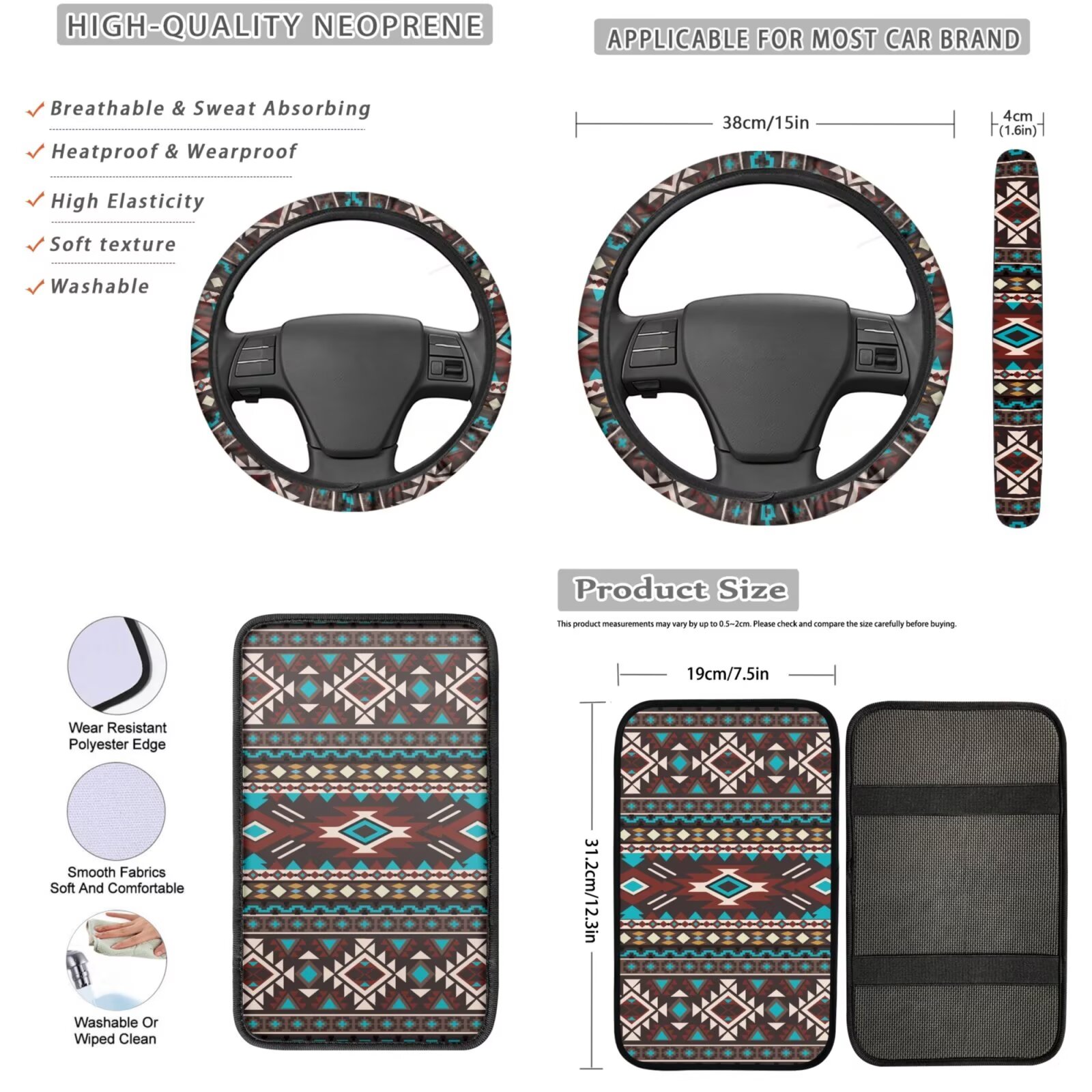 Garronmavis Aztec 13-Piece Car Accessory Set Includes Front and Rear Seat Covers Armrest Cover Pad Steering Wheel Cover Key Fob Coaster Lipstick Cover