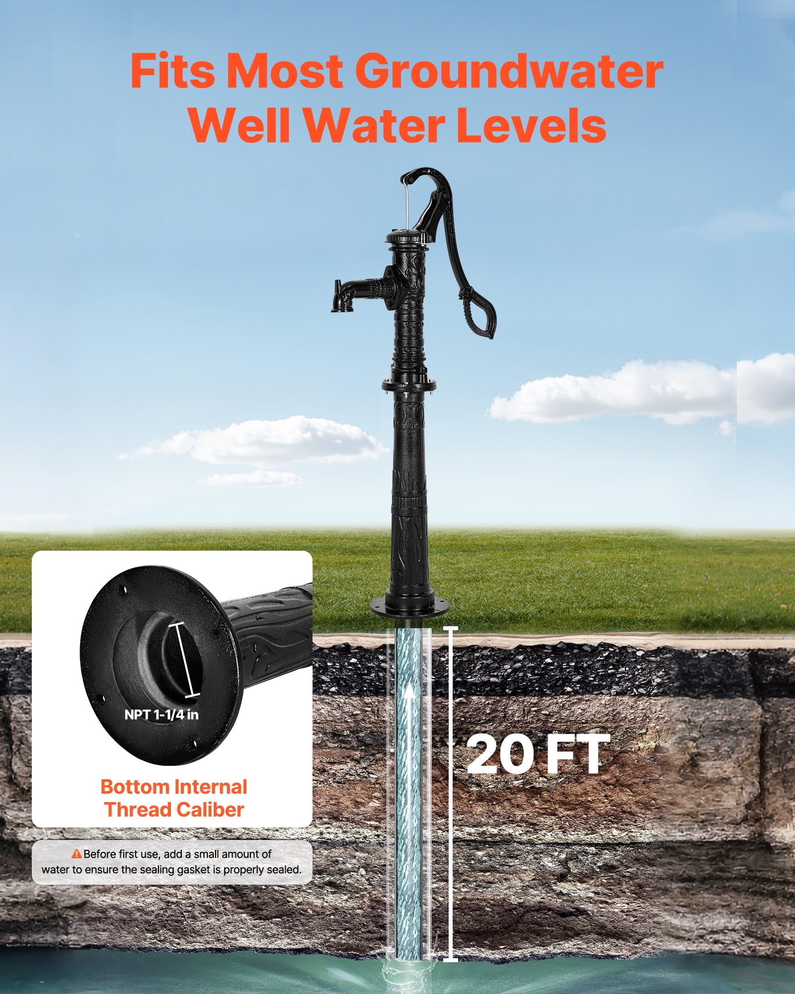VEVOR Well Hand Pitcher Pump, 20 ft Max Lift, Antique Cast Iron Manual Hand Water Pump with Heightening Base, NPT 1-1/4 in Connection, Easy Installation, for Outdoor Garden, Pond, Yard, Farm, Black
