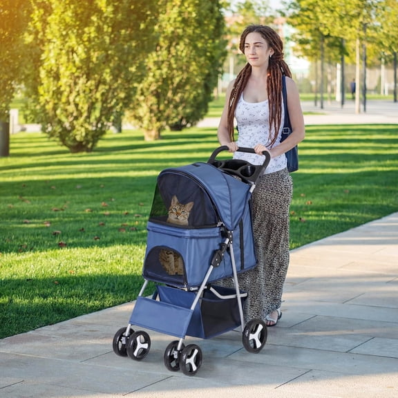 Pet Stroller 4 Wheels Dog Cat Stroller for Small Medium Dog Cats Carrier Jogger Travel Foldable Puppy with Storage Basket and Cup Holder (Navy Blue)