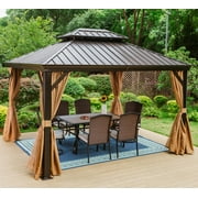 MF Studio 10' x 12' Outdoor Hardtop Gazebo Aluminum Frame Galvanized Steel Double Roof Patio Gazebo with Netting and Curtains Brown