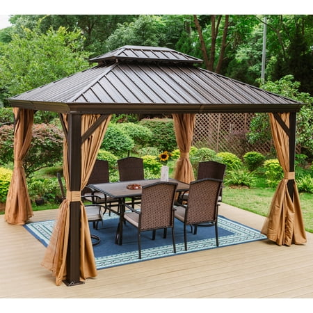 MF Studio 10' x 12' Hardtop Gazebo Galvanized Steel Outdoor Gazebo Canopy Double Vented Roof Aluminum Frame with Netting and Curtains for Patio, Garden, Lawn(Brown)