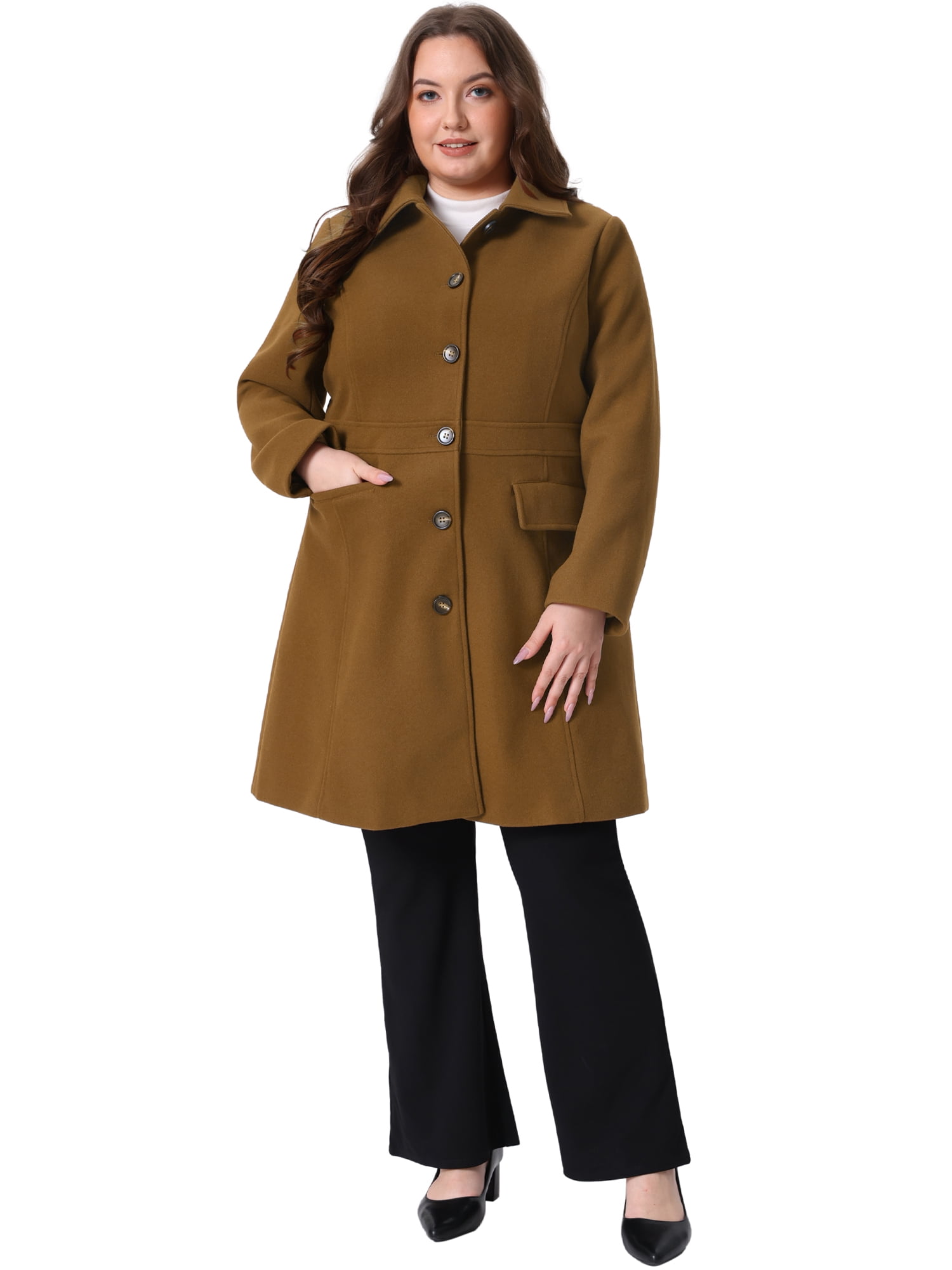 DARING DIVA Women's Plus Size Peter Pan Collar Single Breasted Coat 1X Dark Brown