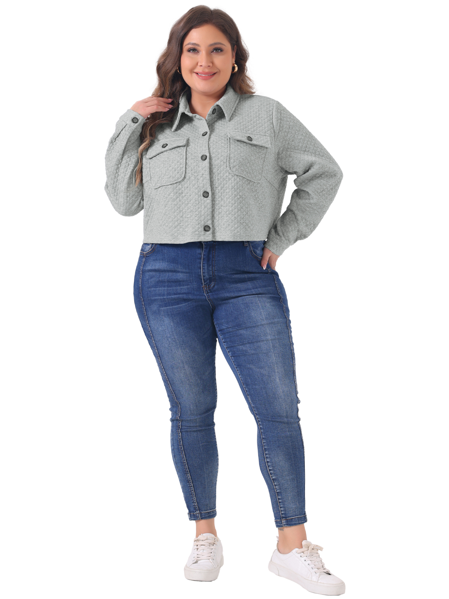 DARING DIVA Plus Size Long Sleeve Cropped Shirt Jacket 3X Gray