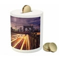 thumbnail image 3 of City Piggy Bank, Brooklyn Bridge at Night Car Traffic in New York United States Transport, Ceramic Coin Bank Money Box for Cash Saving, 3.6" X 3.2", Lilac Dark Orange Yellow, by Ambesonne, 3 of 4