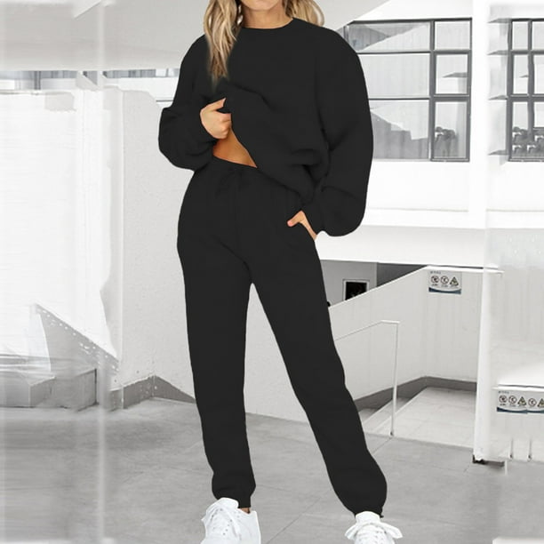 SUWHWEA Women Casual 2 Piece Outfits Long Sleeve Loose Tops Skinny Round  Neck Long Pants Sets Sweatshirts Suit Matching Sets for Women Black S 