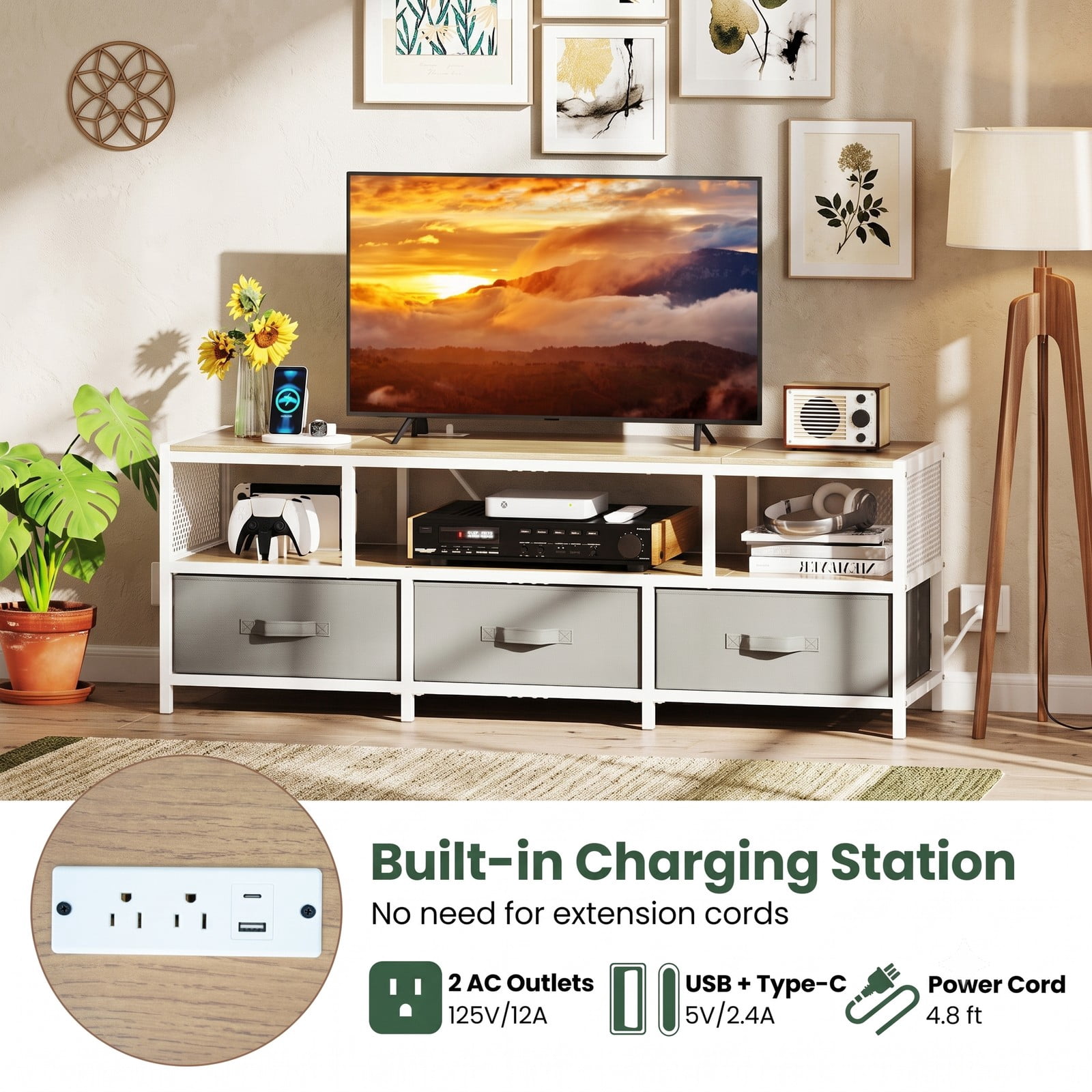 Furnibear TV Stand for TVs up to 65 Inches, Entertainment Center with Power Outlets USB Type-C Charging Station, 3-Tier Media Console with 3 Fabric Drawers, Natural