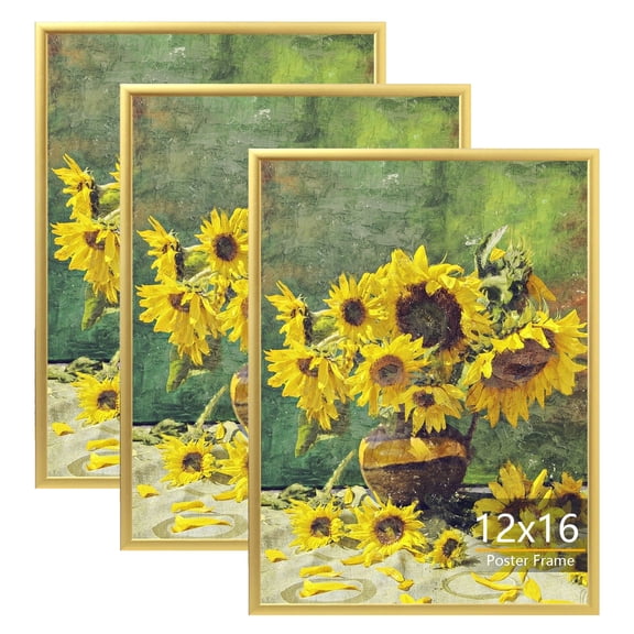 KAIWIN 3 Pack Poster Frames 12x16 Plastic Picture Frame for Horizontal and Vertical Wall Mounting,Gold