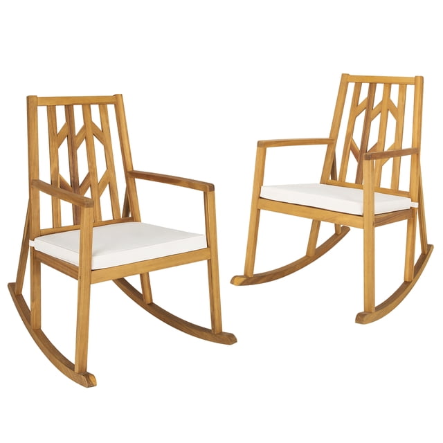Costway 2 PCS Patio Rocking Chair Acacia Wood Armrest Cushioned Sofa Garden Deck White