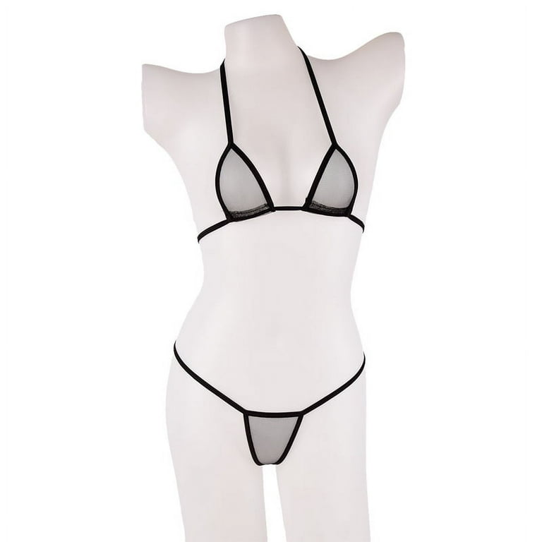 Women's Sexy Thong Bottom, Two Piece Bikini Double Shoulder Straps Cute  Swimsuit, Triangle Bathing - Black