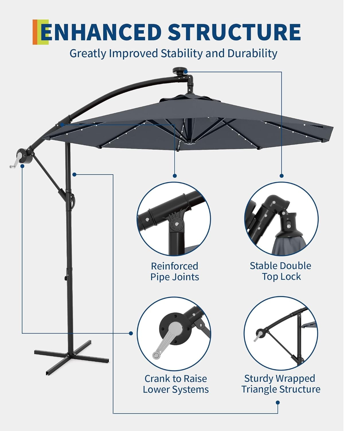 Memoryfield 10FT Outdoor Patio Hanging Offset Cantilever Umbrella with Solar LED Lights, Cantilever Market Umbrella with Cross Base, Gray