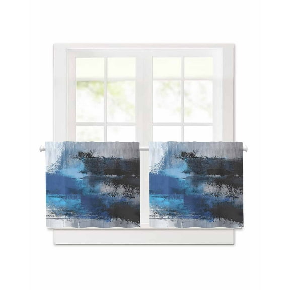 Abstract Oil Painting Short Blackout Curtains 30Inch Long Blue Grey Watercolor Modern Art Rod Pocket Kitchen Curtains, 2 Panels Thermal Insulated Room Darkening Drapes for Bedroom, 30"W x 30"L