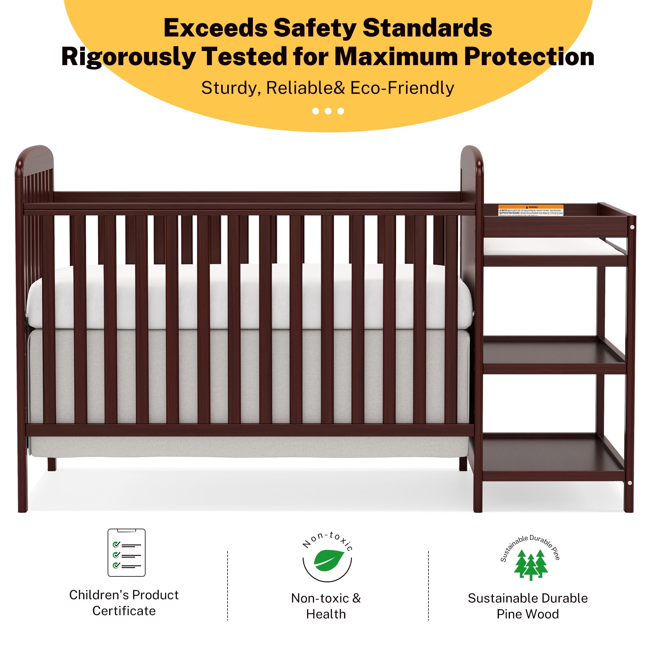Conchico 3-In-1 Convertible Crib and Detachable Changer, New Zealand Pinewood Baby Crib, Toddler Daybed Bed with 3 Heights, Non-Toxic Finish, Easy to Assemble, Espresso
