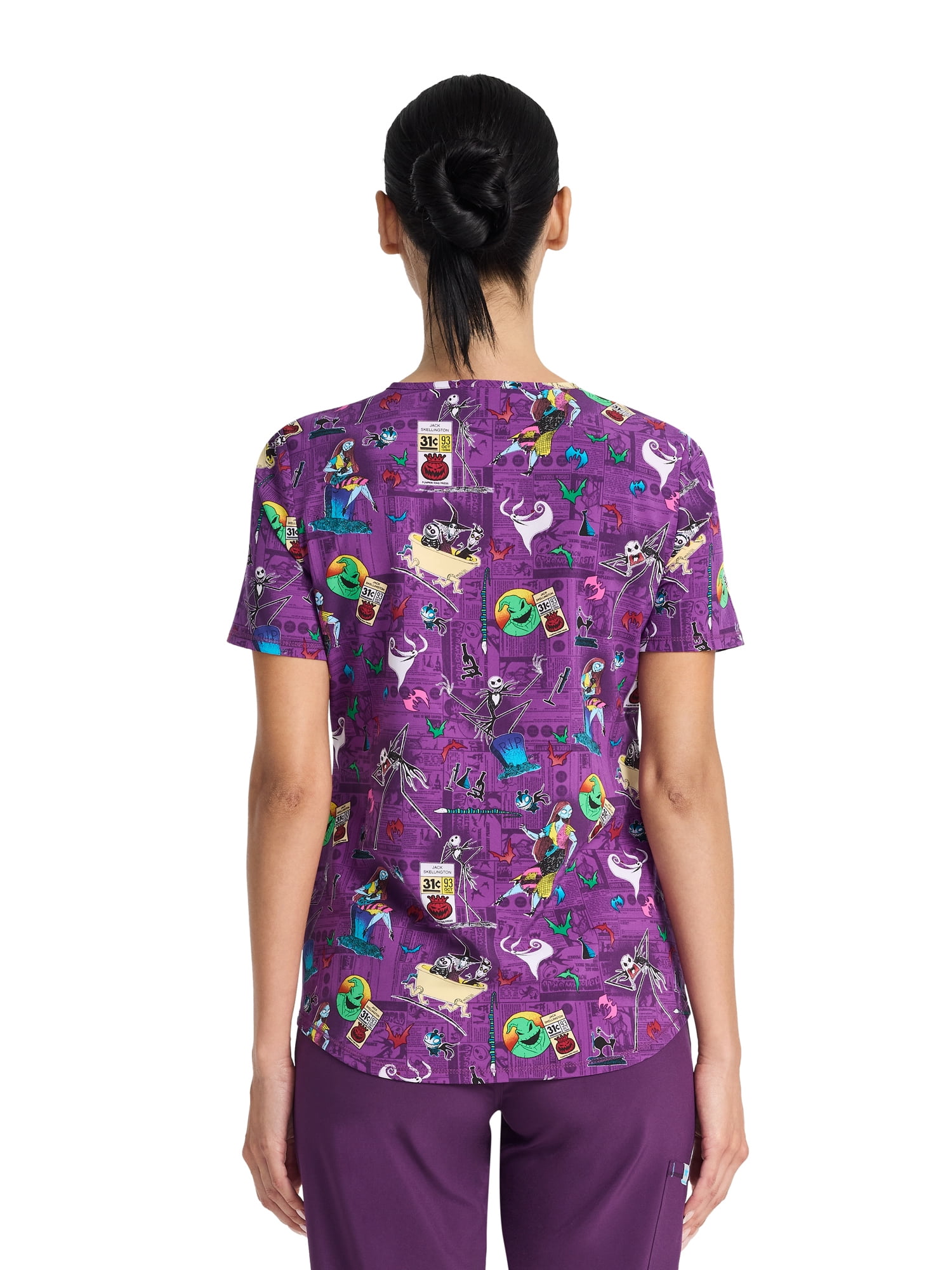 Disney The Nightmare Before Christmas Skellington Women's V-Neck Print Scrub Top, Sizes XS-3XL