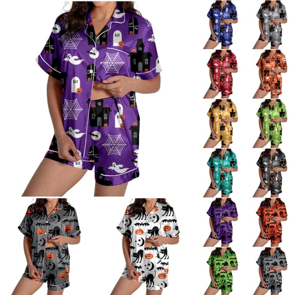 MuXiKeJi Clothes Halloween Pajamas Women 2026 Cute Satin Ghost Pumpkin Print Short Sleeve Button Top and Shorts Matching Sleepwear,Womens One Piece Halloween pjs