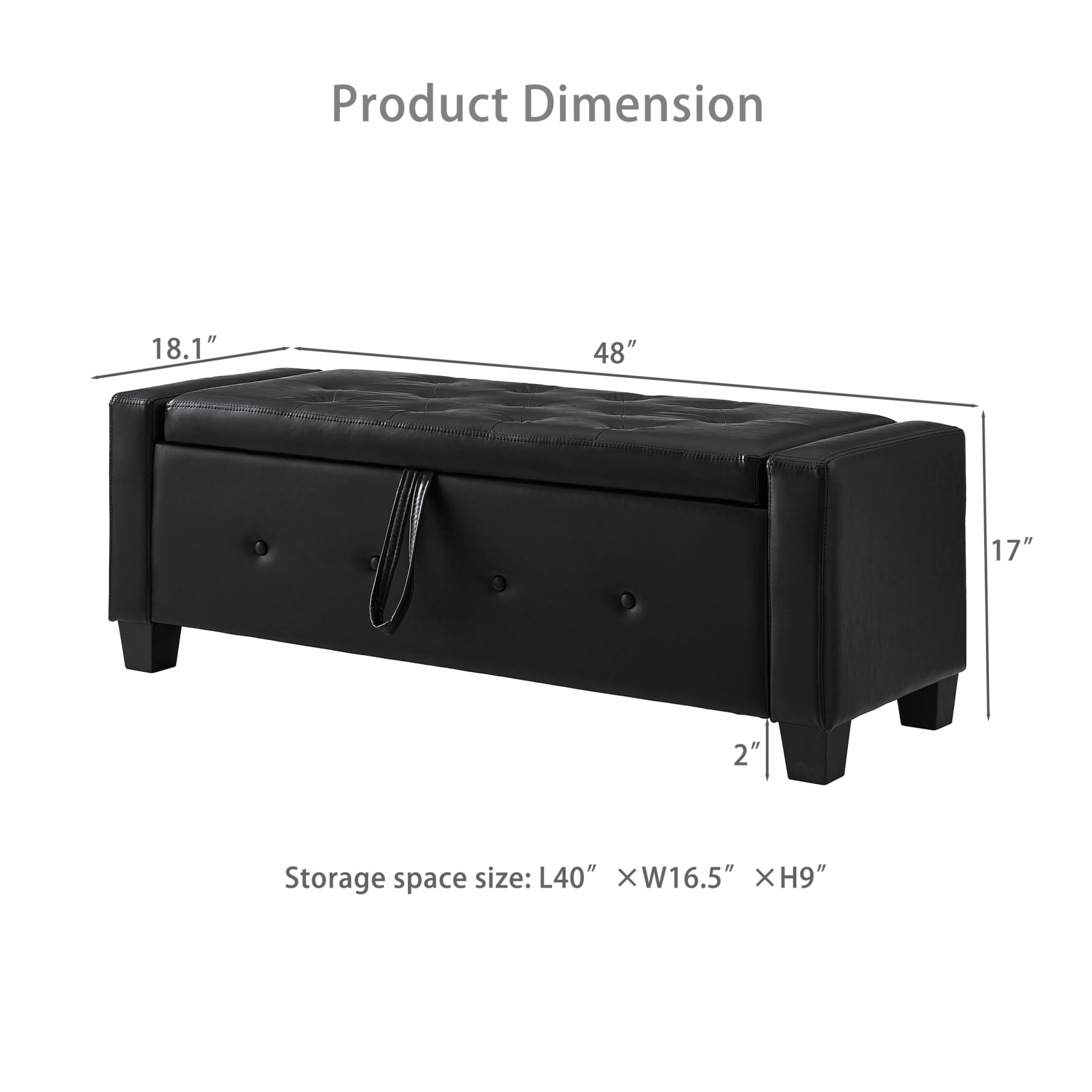 48" Storage Ottoman Bench, Upholstered Faux Leather Entryway Bench with Seating, Tufted Large End of Bed Ottomans for Living Room, Bedroom, Holds up to 300 lb, Black