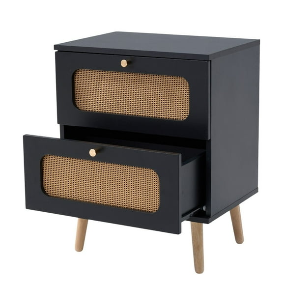 IVV 2-Drawer Nightstand with Hand-Woven Rattan Fronts, Mid-Century Modern Boho Bedside Table for Bedroom or Living Room, Black End Table with Storage Drawers and Solid Wood Legs