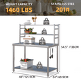 thumbnail image 3 of AECOJOY Stainless Steel Table With Overshelves Work Table With Hooks Commercial Kitchen Prep Table With Two Shelves Heavy Duty Metal Table for Commercial Kitchen Restaurant, 3 of 11
