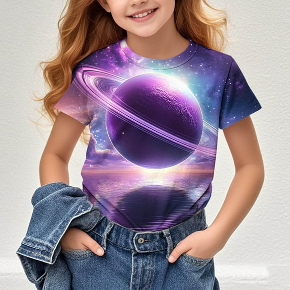Riecok Girls Summer Short Sleeve Round-Neck Oversized T Shirts Kids All-match Fashion Lightweight Comfortable Clothes Trendy Purple 3 Years