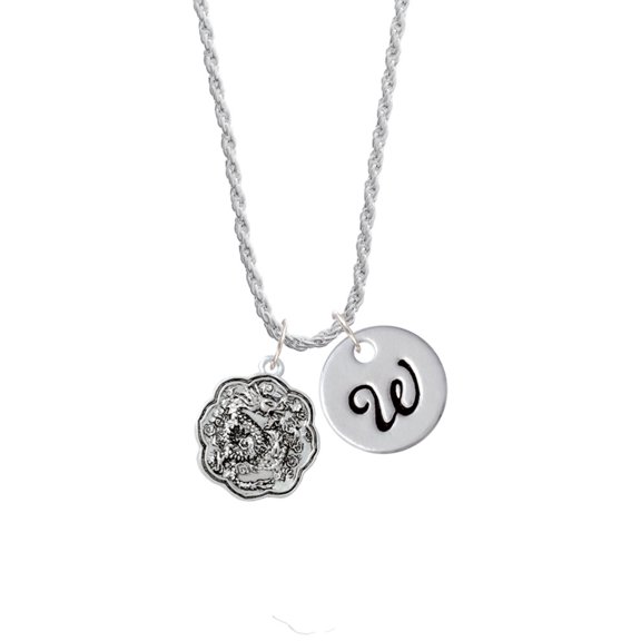 Delight Jewelry Silvertone Dragon and Phoenix Medallion Silvertone Script Initial Disc - W - Charm Necklace, 20"+3"