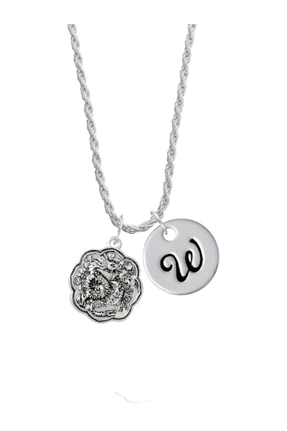 Silvertone Dragon and Phoenix Medallion Silvertone Script Initial Disc - W - Charm Necklace, 20"+3"