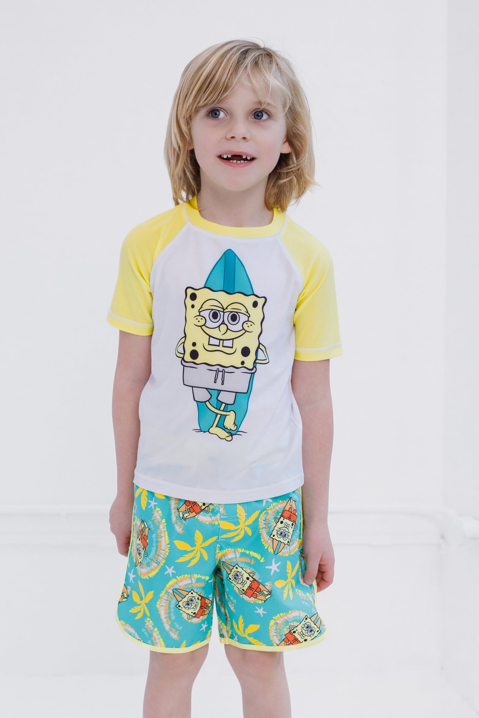 SpongeBob SquarePants Surfboard UPF 50+ Rash Guard and Swim Trunks Outfit Set Little Kid to Big Kid