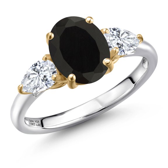 Gem Stone King 925 Silver and 10K Yellow Gold Black Onyx and White Zirconia Engagement Ring for Women | 2.78 Cttw | Oval 9X7MM | Gemstone December Birthstone | Size 8