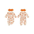 thumbnail image 2 of Qmyliery Baby Girl Halloween Outfit Pumpkin Bow Print Long Sleeve Footed Jumpsuit Headband 2 Piece Newborn Set, 2 of 9