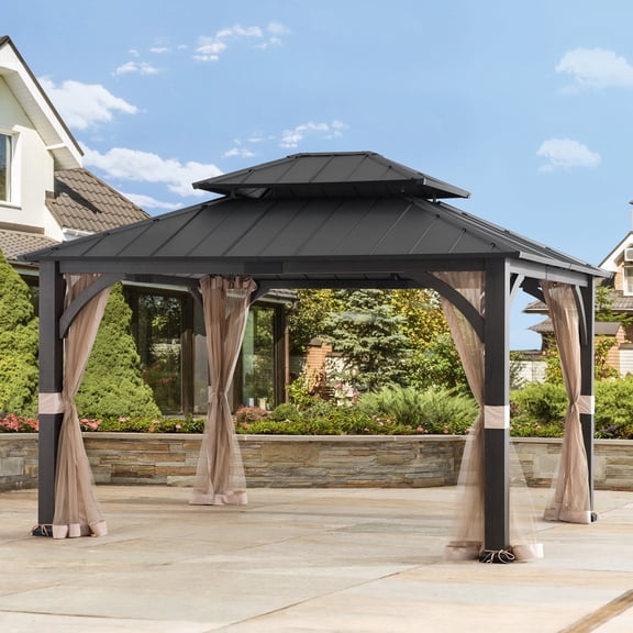 Sunjoy 10 x 12 ft. Outdoor Steel Frame Hardtop Gazebo, 2 Roof Metal Gazebo with Ceiling Hook ,Black